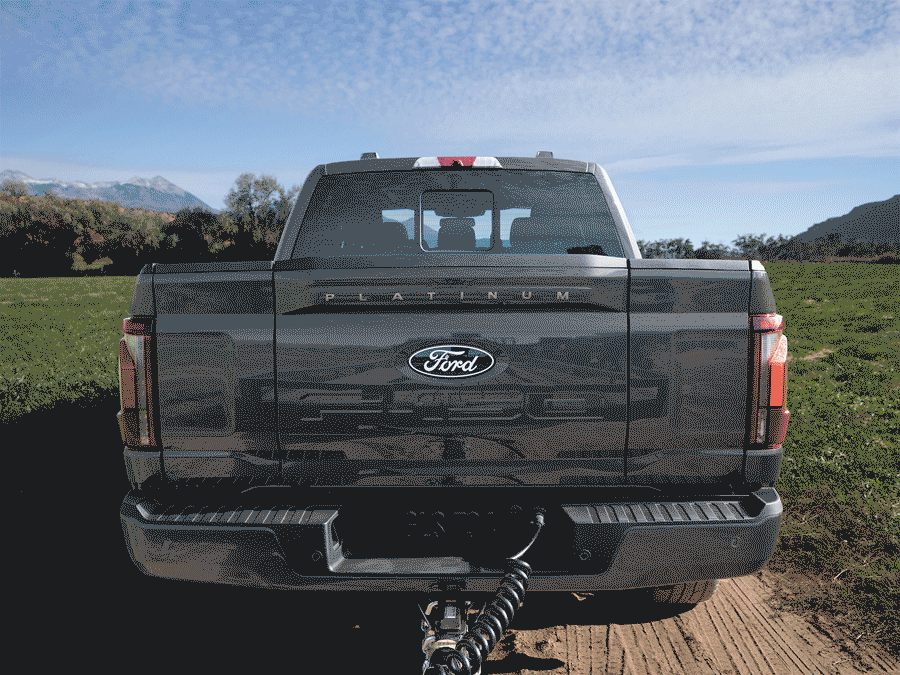 Rear view of a 2024 Ford F-150® pickup with the Pro-Access Tailgate open showing items in the truck bed